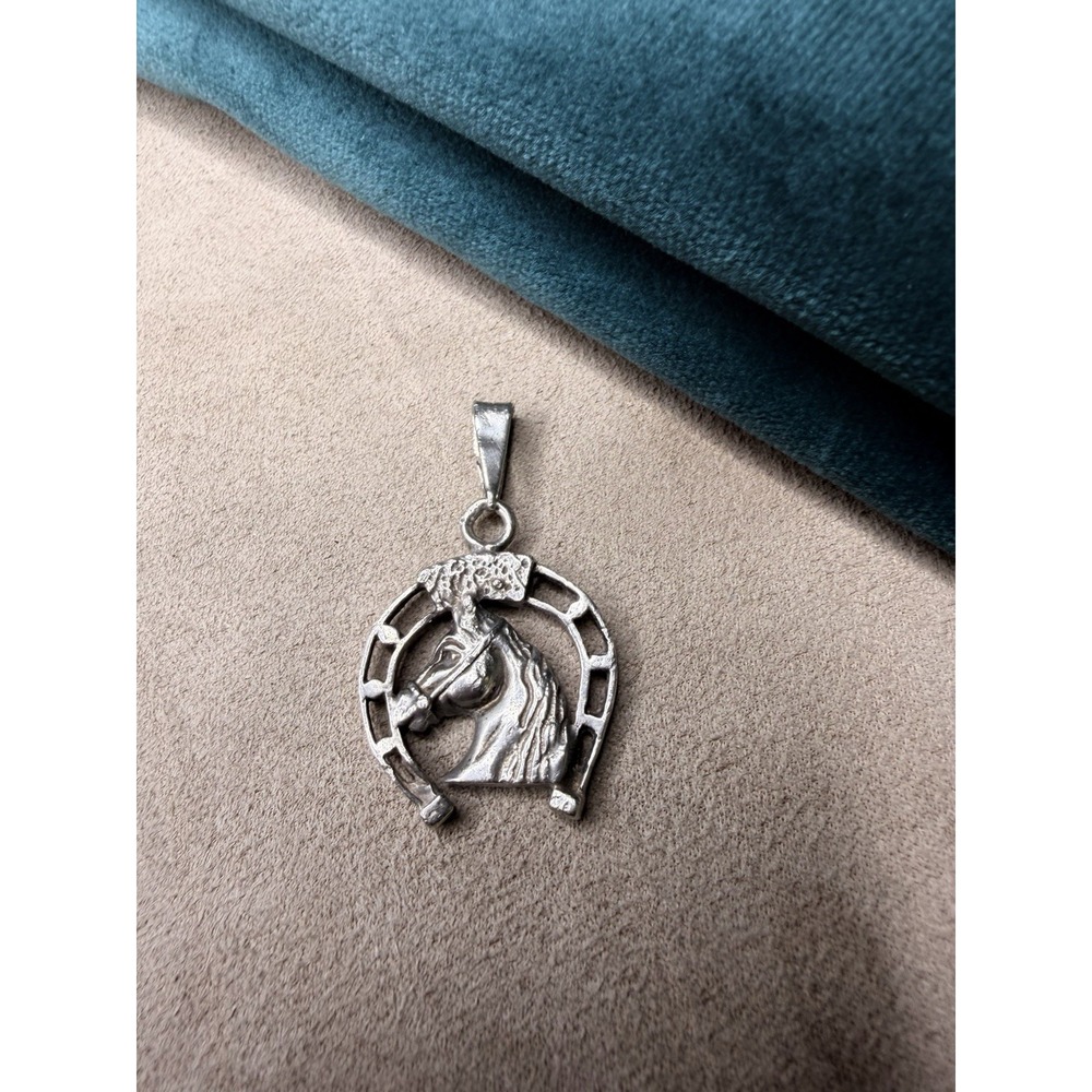 Vintage 925 Sterling Silver Horseshoe Horse Head Equestrian Pendant Charm